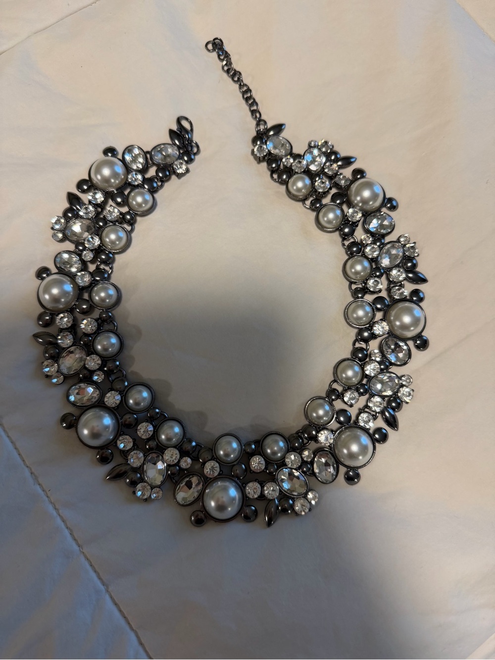 Pearl and Crystal Statement Necklace - Silver Toned